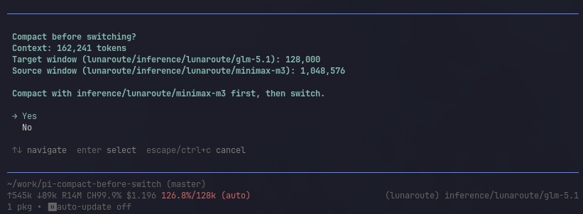 The pi-compact-before-switch extension catching a switch from MiniMax M3 to GLM-5.1 before the context overflows